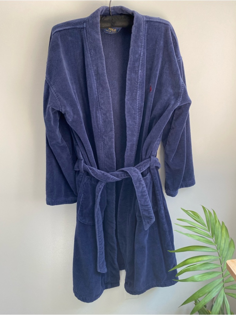 Ralph Lauren Navy Blue Terry Robe with Yellow Logo